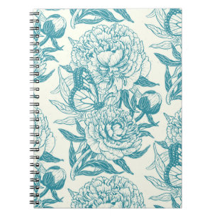 Carnet Peonies et papillons bloc imprimé, lagon Bleu a