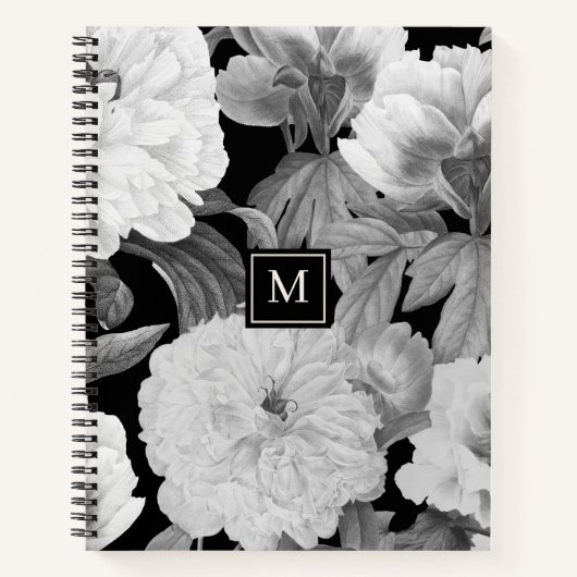 Carnet Peonies noires et blanches Aquarelle Monogramme fl (Devant)