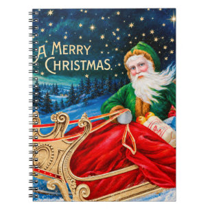 Carnet Père Noël vert vintage traîneau nuit étoilée Noël