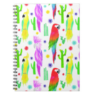 Carnet Perroquets colorés, motif dessiné à la main.