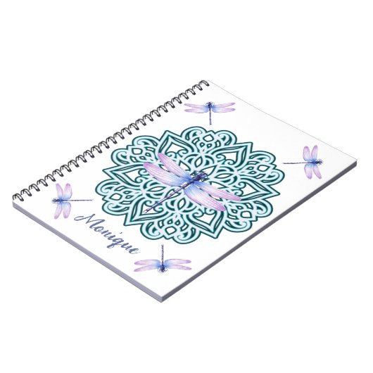 Carnet Personalisé bleu violet Mandala Dragonfly Blanc (Côté gauche)