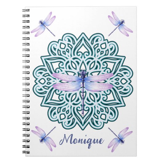Carnet Personalisé bleu violet Mandala Dragonfly Blanc (Devant)