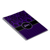 Carnet Personalisé violet noir blanc rayé Damas (Côté Droit)