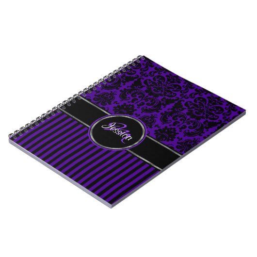 Carnet Personalisé violet noir blanc rayé Damas (Côté gauche)