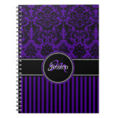 Carnet Personalisé violet noir blanc rayé Damas (Devant)