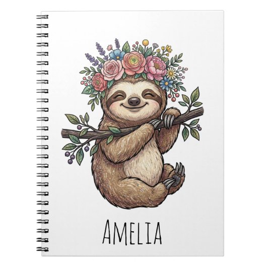 Carnet Personalized Cute Floral Sloth with Flower Crown   (Devant)