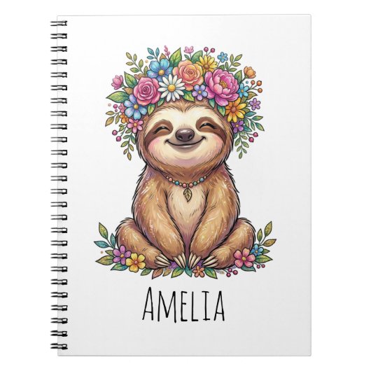 Carnet Personalized Cute Floral Sloth with Flower Crown (Devant)