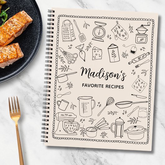 Carnet Personalized Hand Drawn Kitchen Utensils Recipe