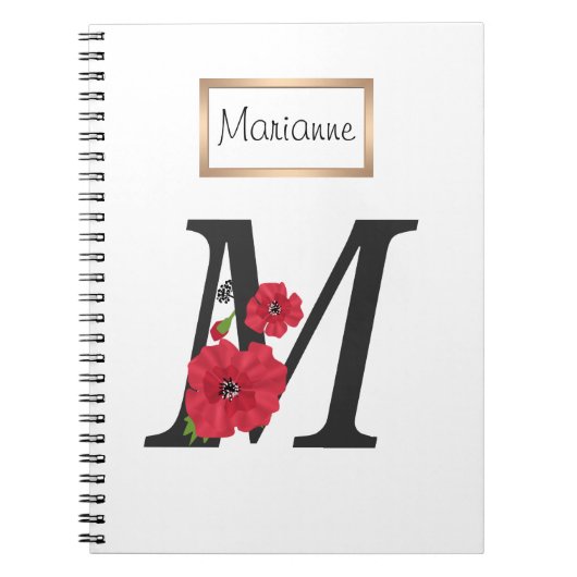 Carnet Personalized monogram editable M text red flower (Devant)