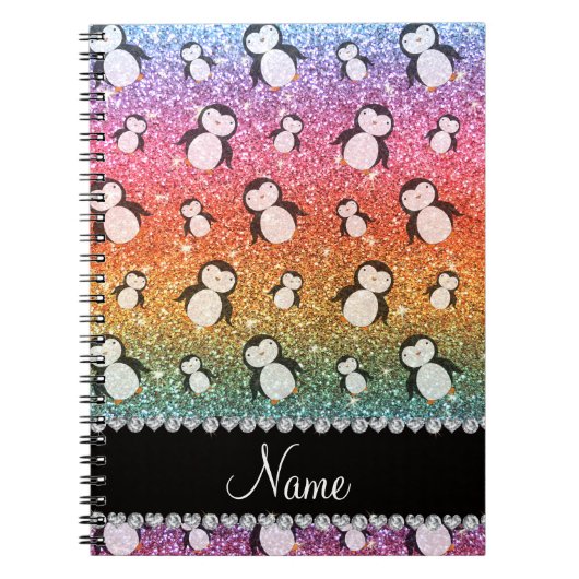 Carnet Personalized name bright rainbow glitter penguins (Devant)