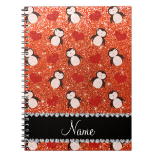 Carnet Personalized name orange glitter penguins hearts
