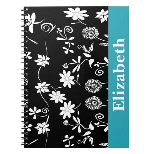 Carnet Personnalisé Chevron Floral Noir Blanc Monogramme (Devant)
