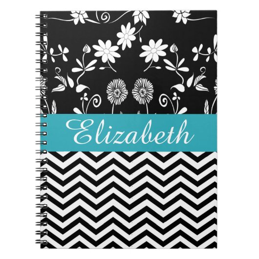 Carnet Personnalisé Chevron Floral Noir Blanc Monogramme (Devant)