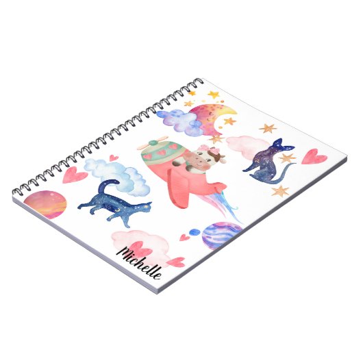 Carnet Personnalisé Cute Cow Space Chats Lune Whimsical (Côté gauche)