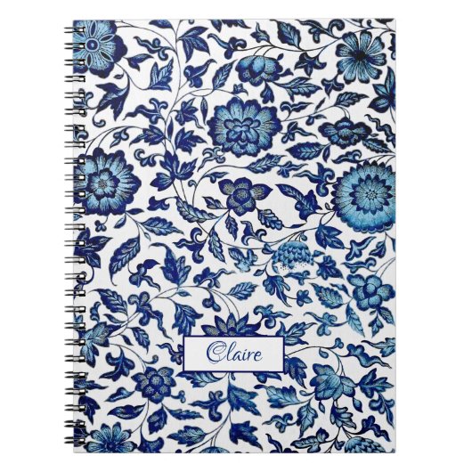 Carnet Personnalisé Exotic Chic Bleu & Blanc Floral (Devant)