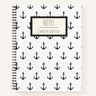 Carnet Personnalisé motif ancre noir blanc nautique