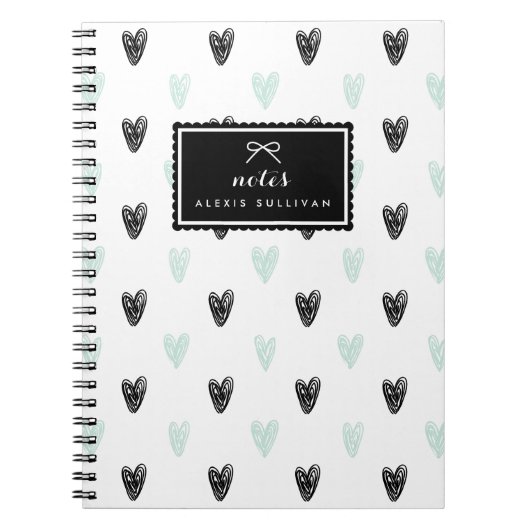 Carnet personnalisé Motif Mint & Black Hearts (Devant)