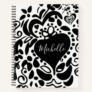 Carnet Personnalisé, Nom, Coeur, Feuilles, Fleurs Motif