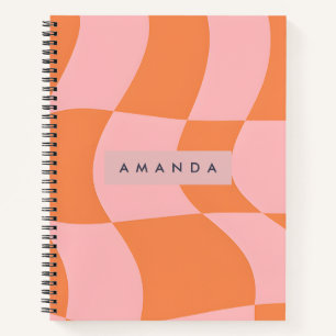 Carnet Personnalisé Orange et Rose à Carreaux Vagué Rétro
