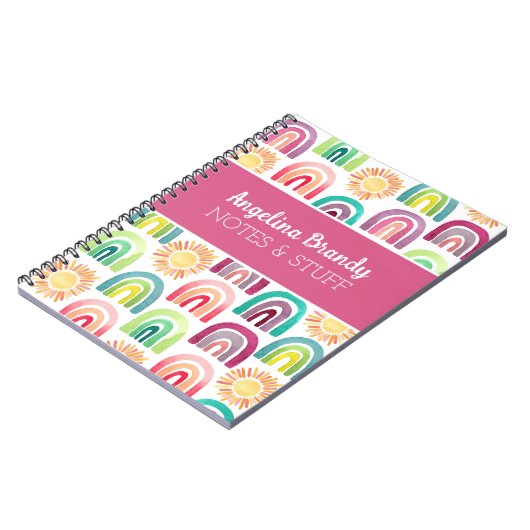 Carnet Personnalisé rose mignon arc-en-ciel et soleils en (Côté gauche)