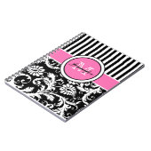 Carnet Personnalisé rose noir blanc rayé Damas (Côté gauche)