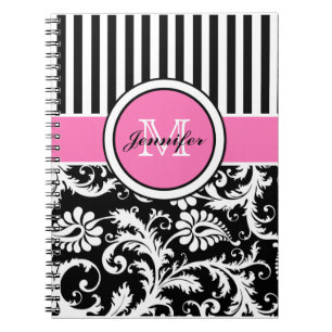 Carnet Personnalisé rose noir blanc rayé Damas