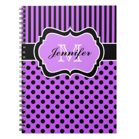 Carnet Personnalisé violet noir blanc Pois rayés (Devant)