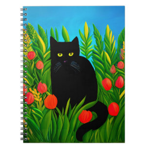 Carnet Petit chat noir dans un jardin de tulipes