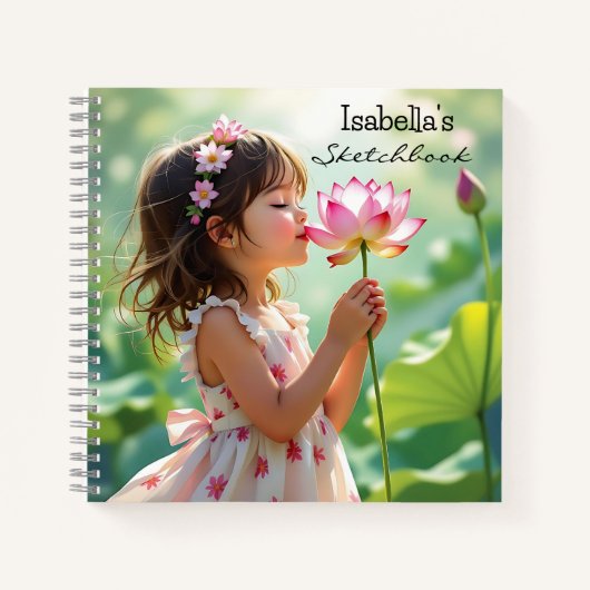 Carnet Petite Fille Sentant une Rose Rose Personnalisée (Devant)