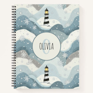 Carnet Phare aux vagues glacées Monogramme nautique d'hiv