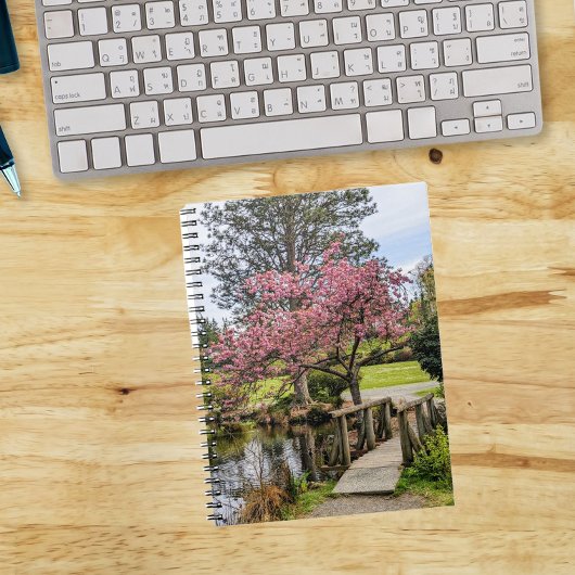 Carnet Pink Cherry Blossoms and Wooden Footbridge