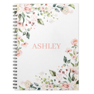 Carnet Pink Floral Monogram Aquarelle Nom personnalisé