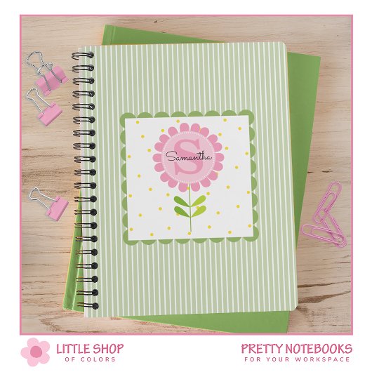 Carnet Pink Floral Stripes et Polka Dot Monogramme