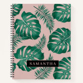 Carnet Pink & Green Palm Feuille Motif & nom (Devant)
