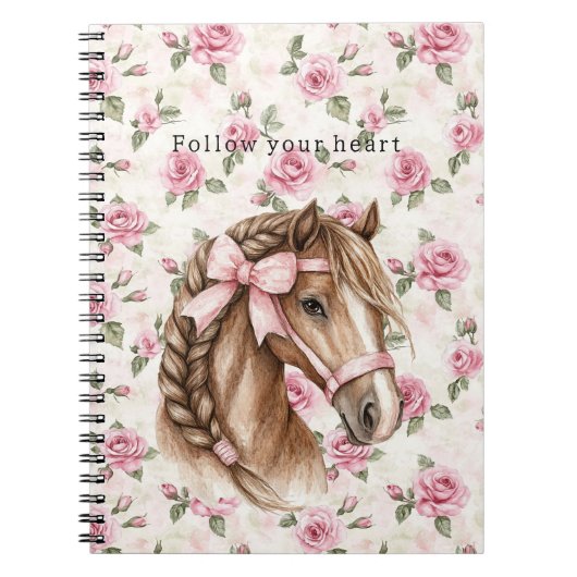 Carnet Pink Roses Floral Pretty Horse Pink Bow (Devant)