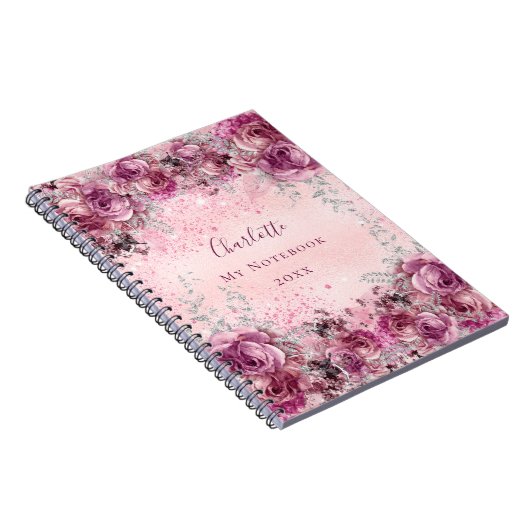 Carnet Pink violet floraux rose argent nom script (Côté Droit)