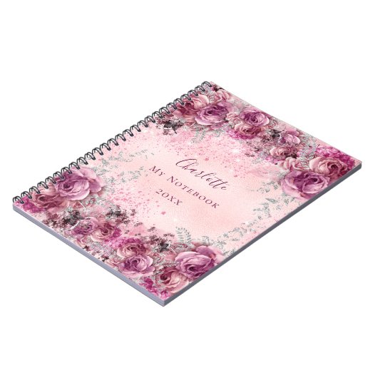 Carnet Pink violet floraux rose argent nom script (Côté gauche)
