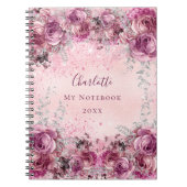Carnet Pink violet floraux rose argent nom script (Devant)