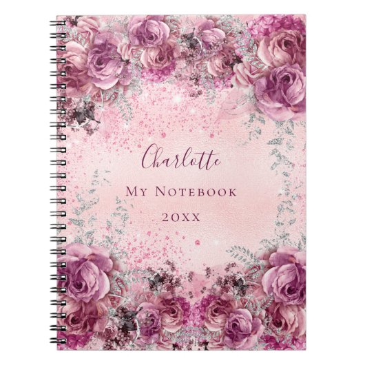Carnet Pink violet floraux rose argent nom script (Devant)