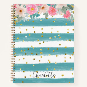Carnet Pistache et rayures blanches Fleurs roses et paill