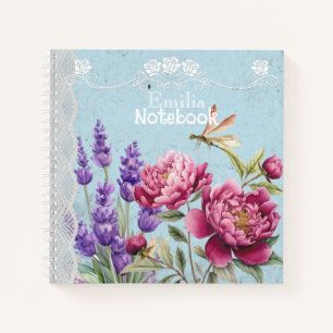 Carnet Pivoines lavande Monogram jardin dentelle bleue