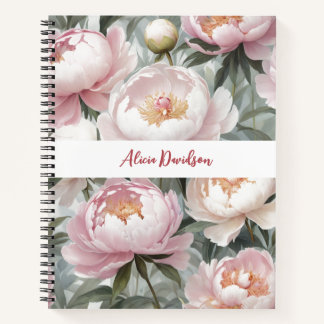 Carnet Pivoines roses aquarelle douce | votre nom