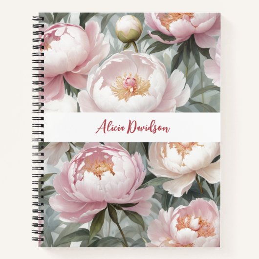 Carnet Pivoines roses aquarelles douces | votre nom (Devant)