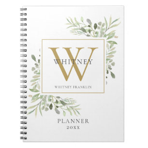 Carnet Planificateur de nom de monogramme de verdure élég