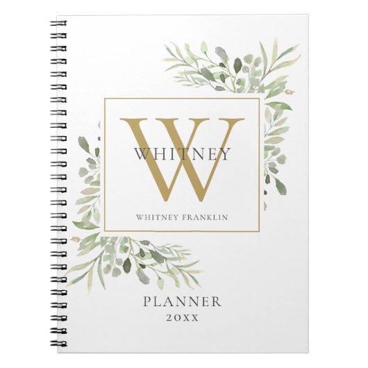 Carnet Planificateur de nom de monogramme de verdure élég (Devant)