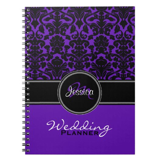 Carnet Planneur Mariage damassé blanc violet monogramme (Devant)