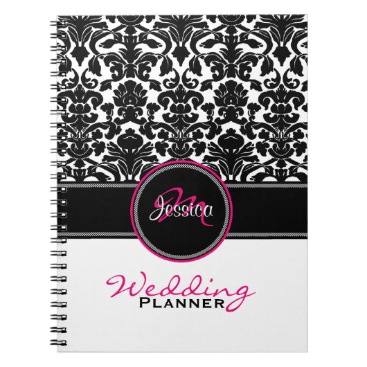 Carnet Planneur Mariage damassé rose noir rose (Devant)