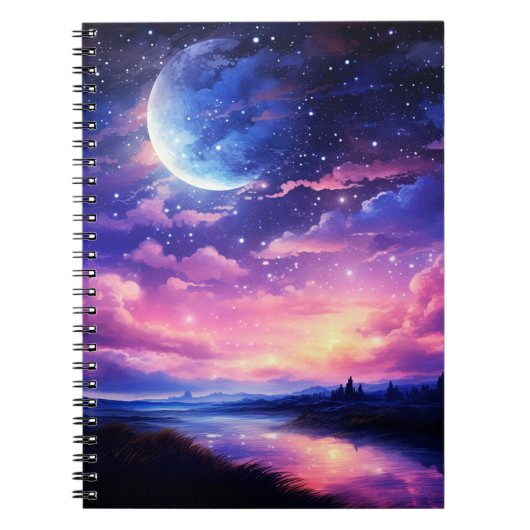 Carnet Pleine lune Céleste Étoiles Nuages Mystique Violet (Devant)