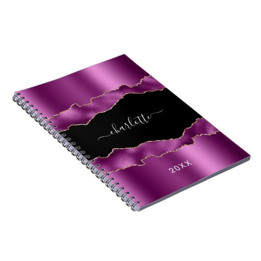 Carnet Plum violet noir agate marbre nom script (Côté Droit)
