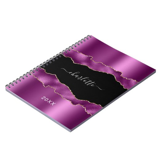 Carnet Plum violet noir agate marbre nom script (Côté gauche)